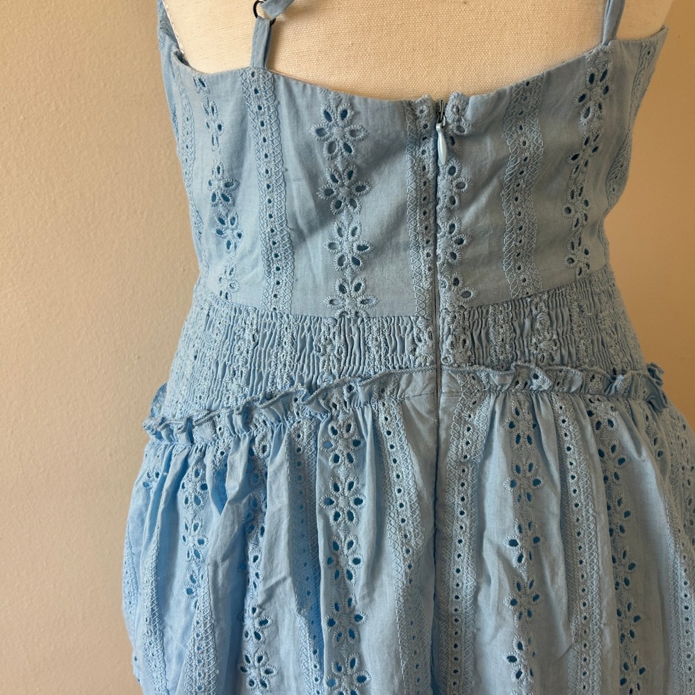 Mable Light Blue Eyelet Tiered Cutout Boho Festival Mini Dress S - Picture 3 of 11